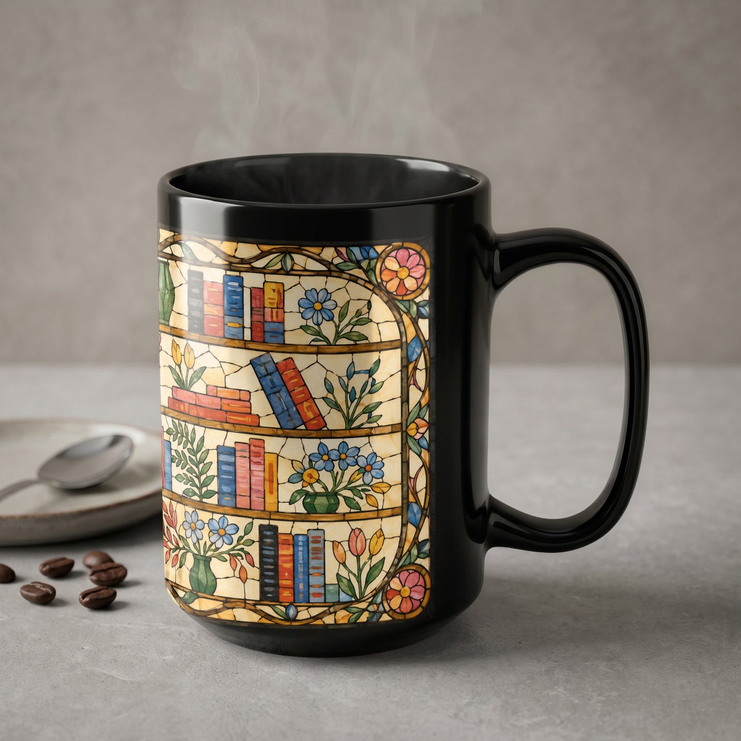 Black mug with stained-glass bookshelf design featuring books, flowers, and stained-glass patterns.
