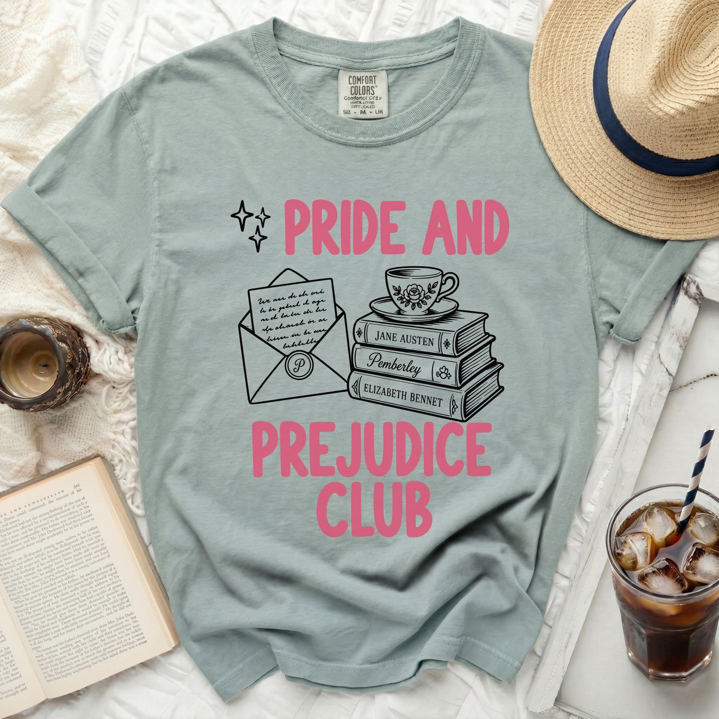 Pride and Prejudice Club t-shirt with books and coffee cup graphic.
