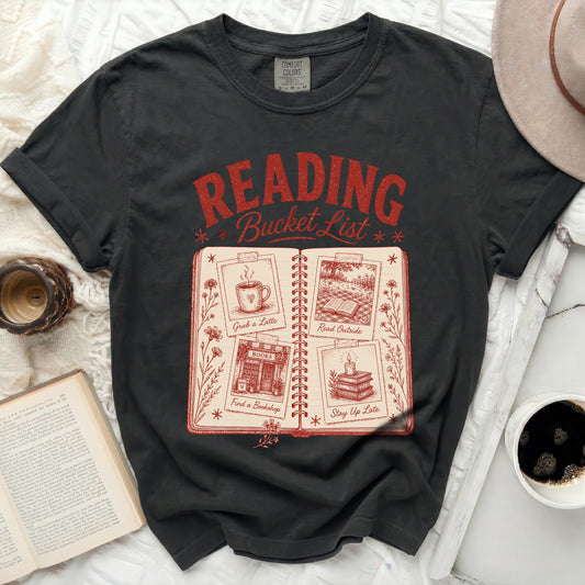 Comfort Colors black t-shirt with "Reading Bucket List" graphic.
