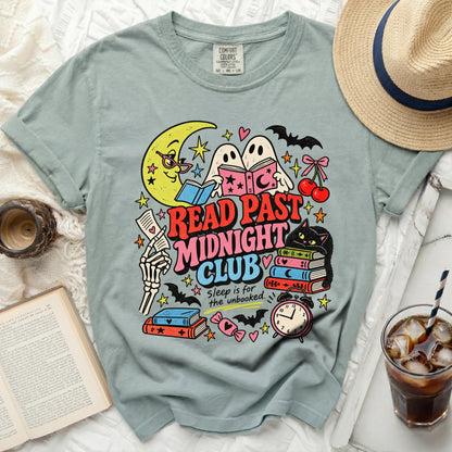 Light blue t-shirt with "Read Past Midnight Club" graphic of moon, ghosts, and cat reading.