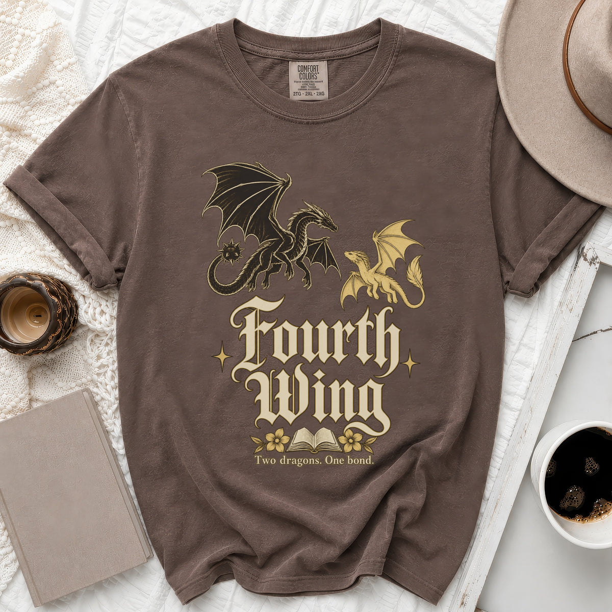 Brown t-shirt with dragons and "Fourth Wing" text.