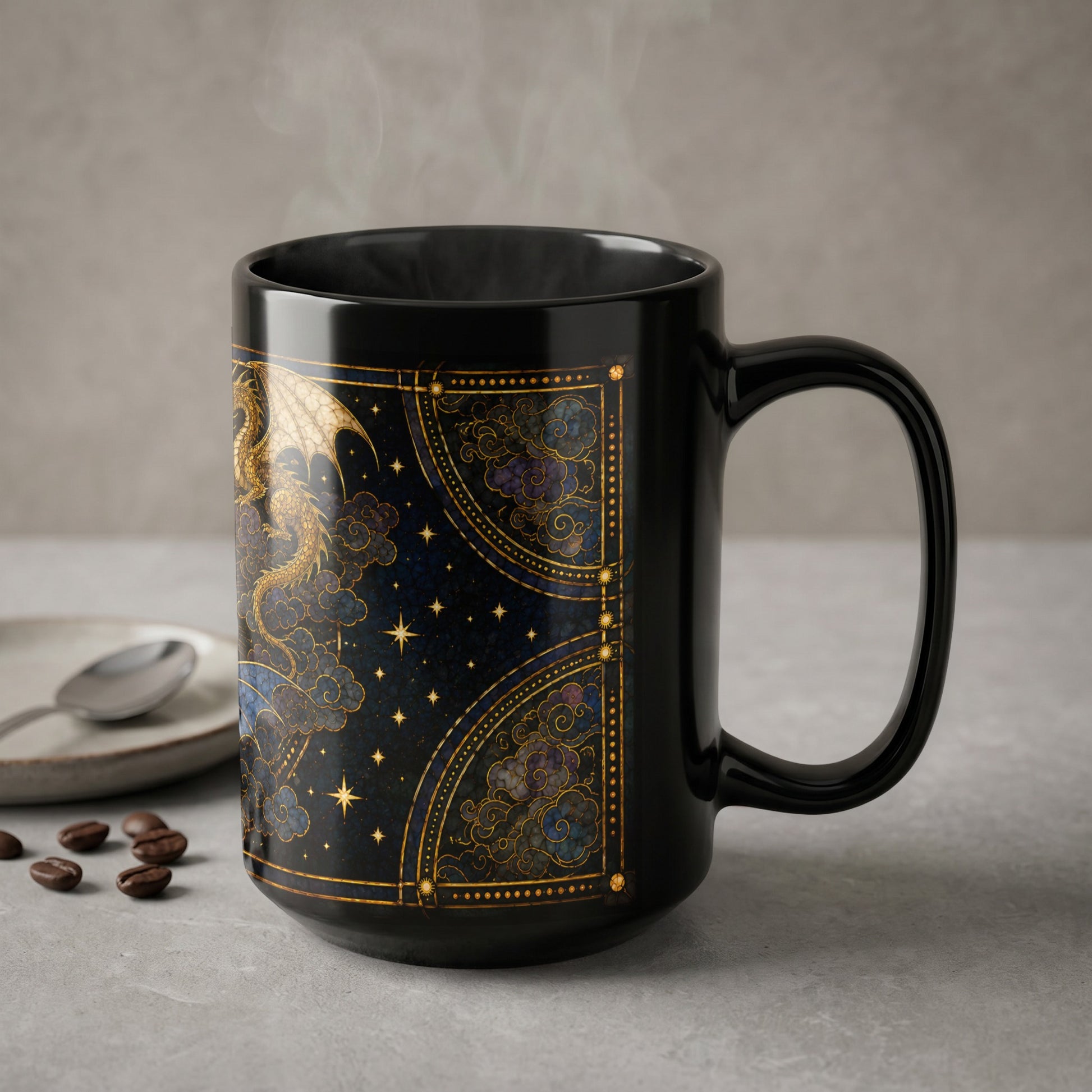 Black mug with a golden dragon and celestial design.