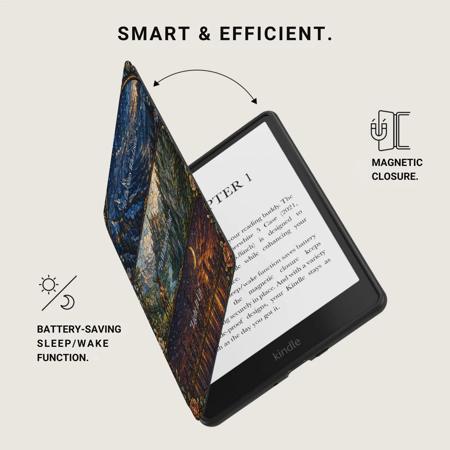 Kindle with artful cover, displaying "Smart & Efficient" and "Magnetic Closure" details.