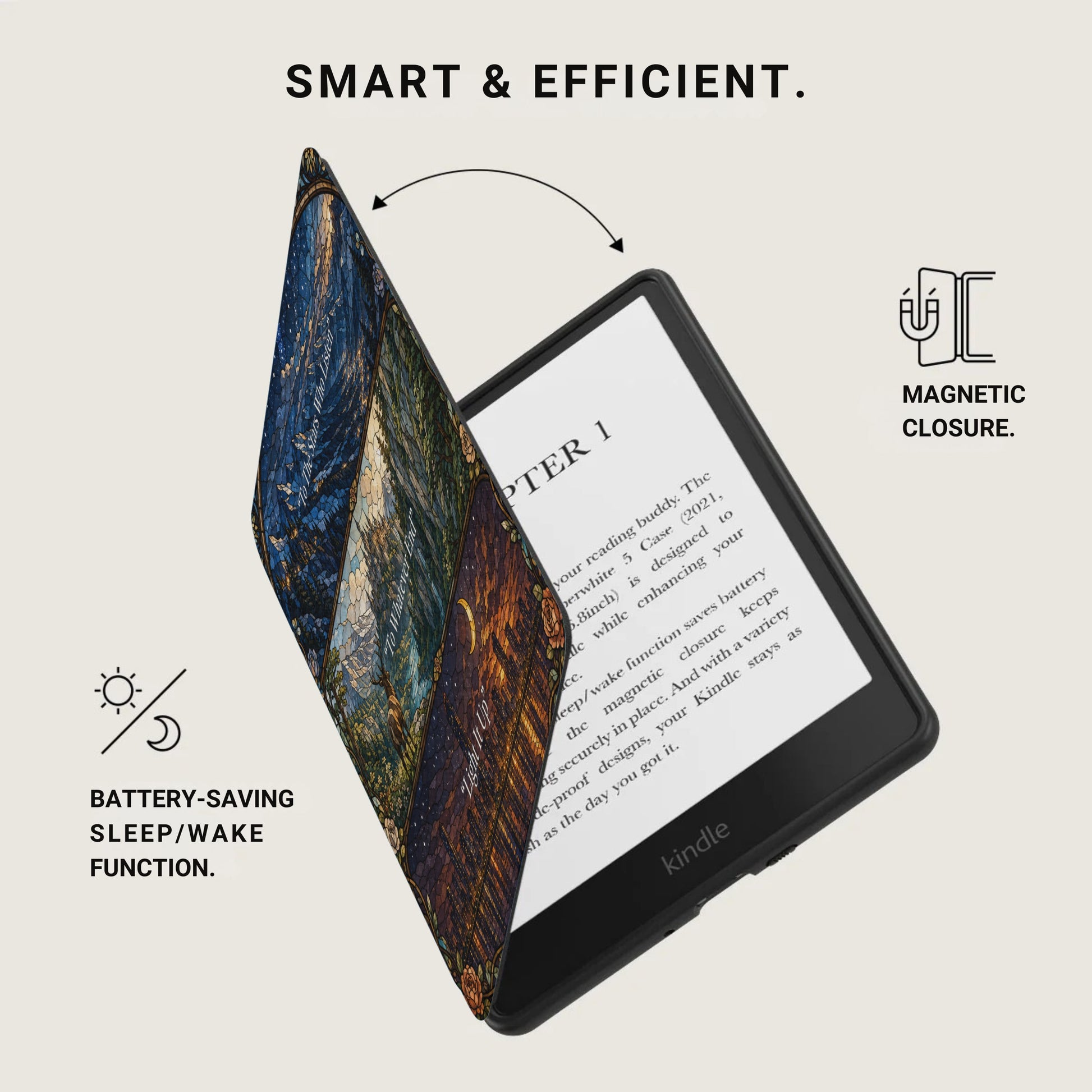 Kindle with artful cover, displaying "Smart & Efficient" and "Magnetic Closure" details.