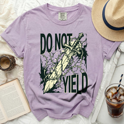 Purple t-shirt with sword and thorns graphic reading "DO NOT YIELD".