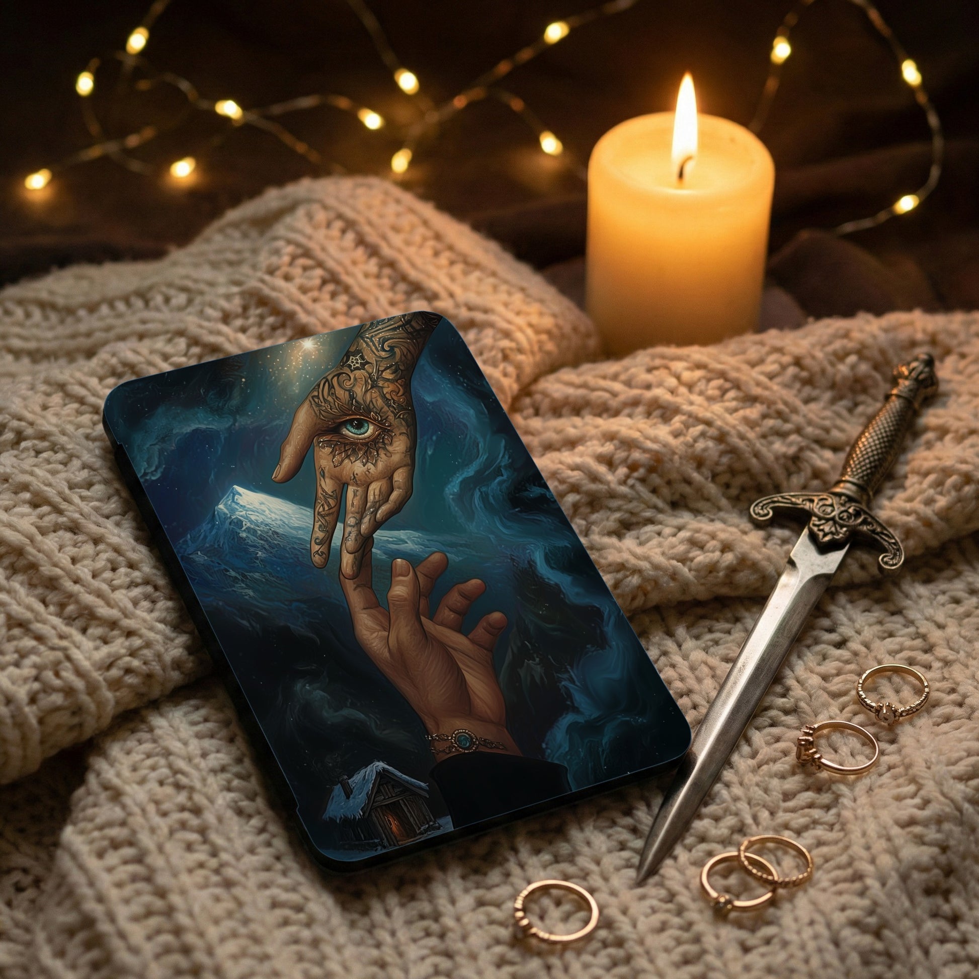 Mystical Eye Hand Cosmic Mountain Scene product type