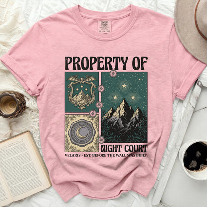 Pink Comfort Colors t-shirt with "Property of Night Court" and a crest with mountains.