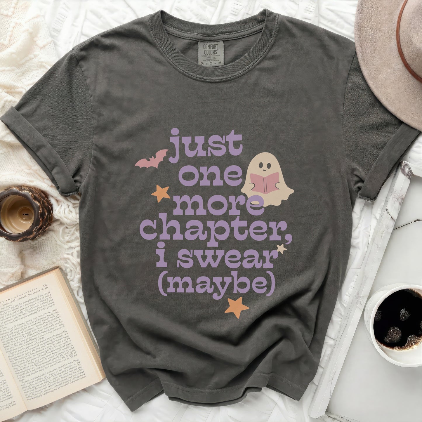 Gray t-shirt with purple text and ghost reading "just one more chapter, I swear (maybe)".