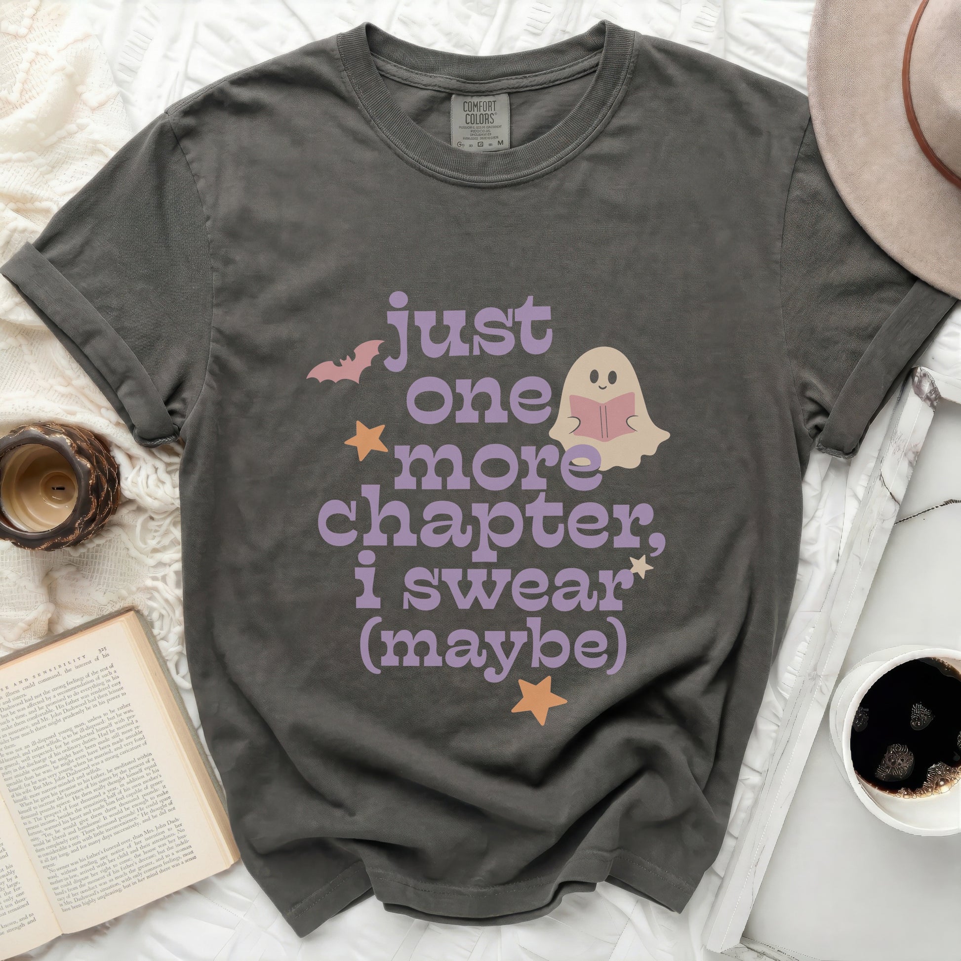 Gray t-shirt with purple text and ghost reading "just one more chapter, I swear (maybe)".