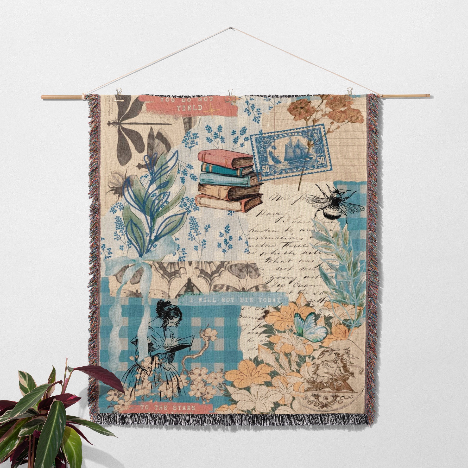 The image is a collage of various elements, including a woman, books, flowers, and a bee, all set against a white background.