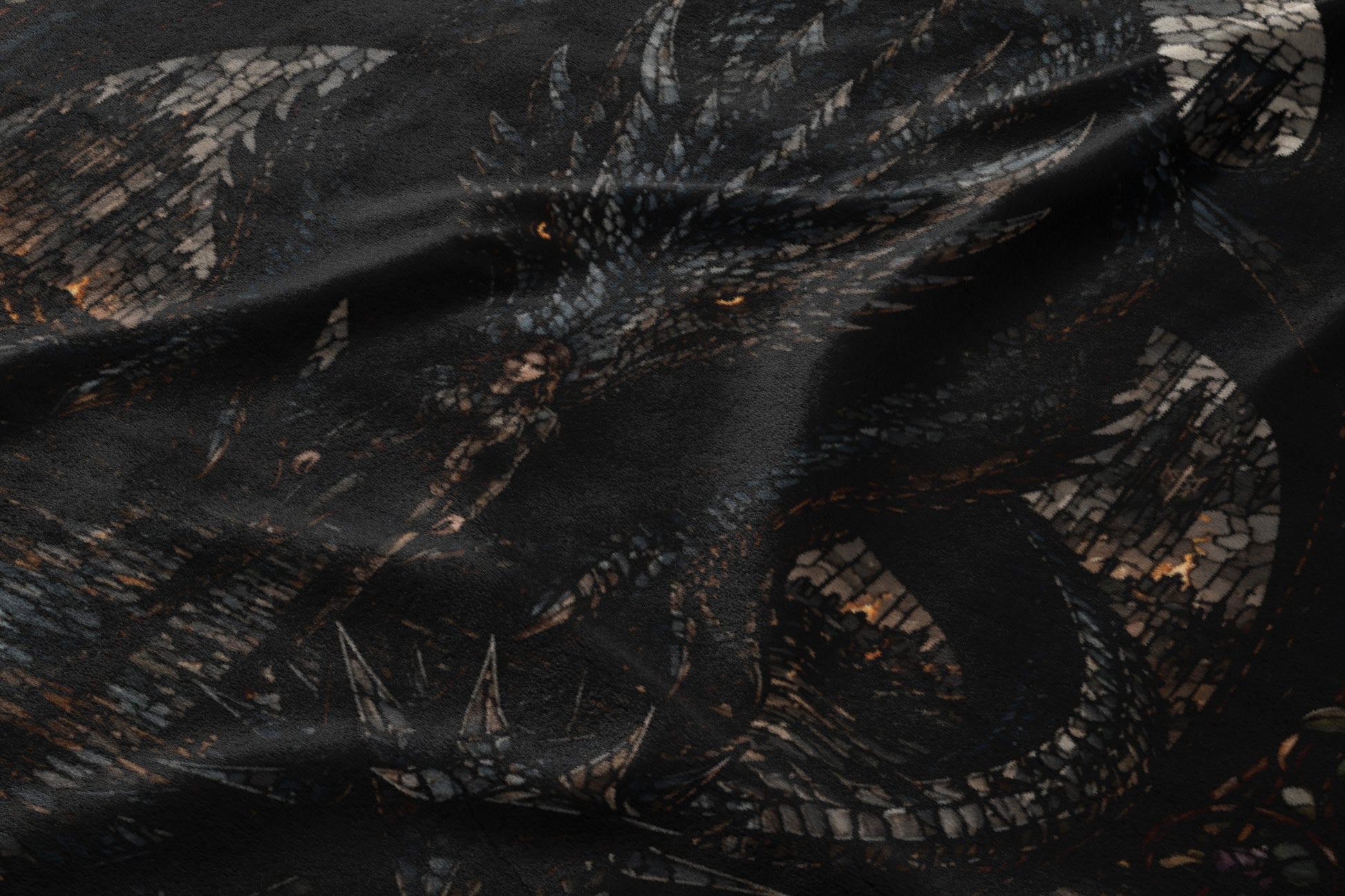 Dark grayscale fabric print featuring a fierce dragon with glowing yellow eyes.