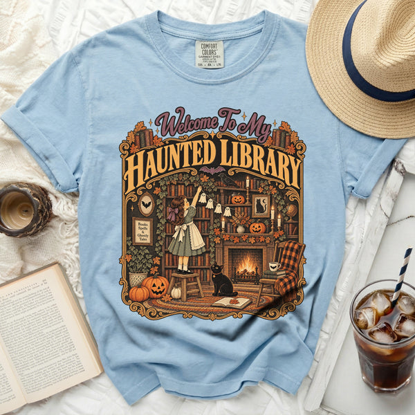 Haunted Library Cat Tee in Chambray