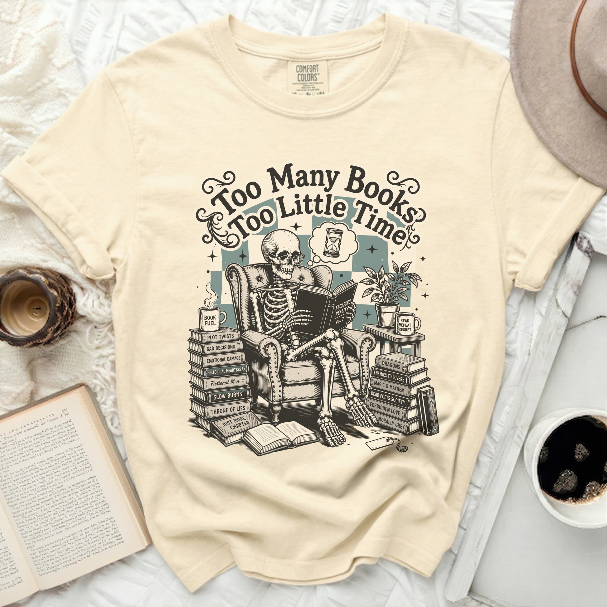 Skeleton reading with book titles like "Plot Twists" and "Morally Grey".