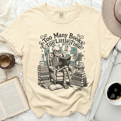 Skeleton reading with book titles like "Plot Twists" and "Morally Grey".