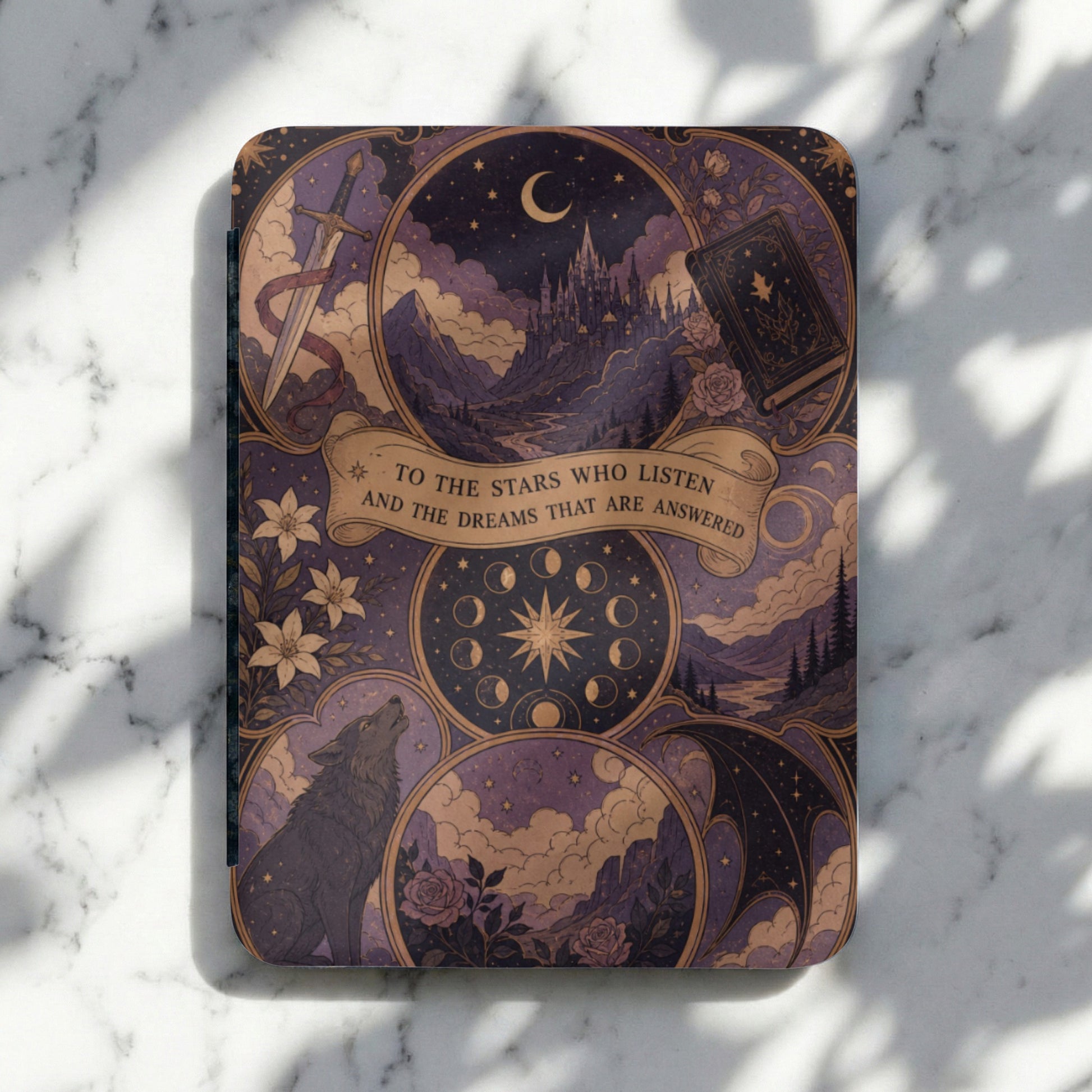 Book cover with fantasy art: sword, castle, moon, wolf, and text.