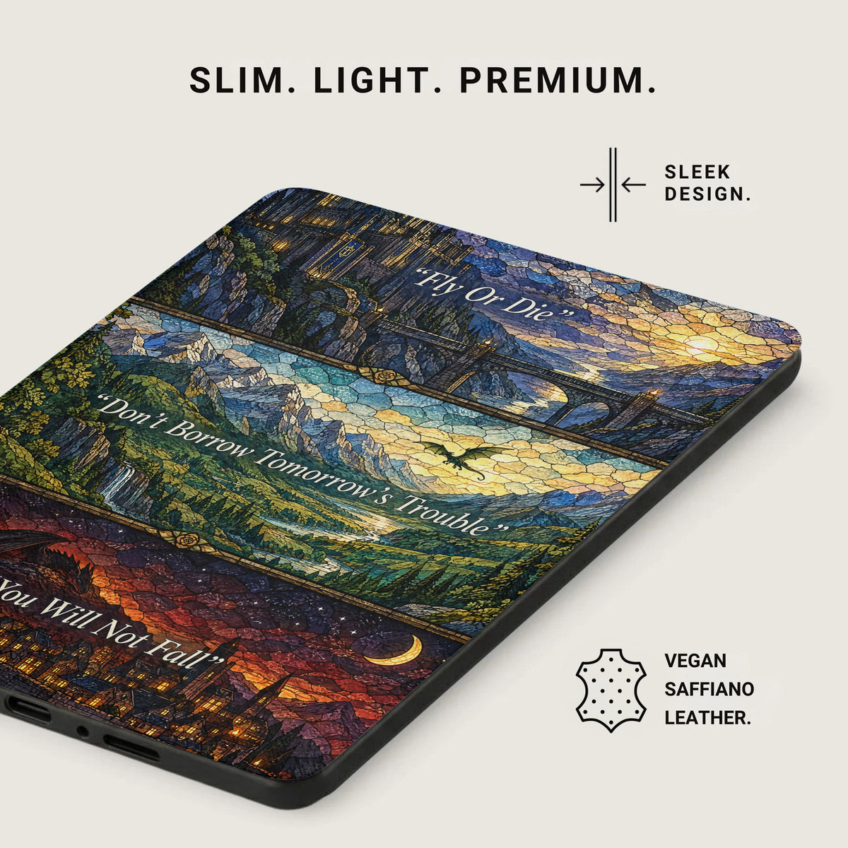 An angled view of a slim, vegan saffiano leather e-reader case featuring a stained glass fantasy landscape design.