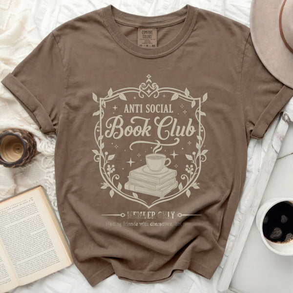 Anti Social Book Club Teacup Crest Tee in Espresso