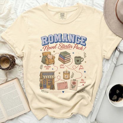 Comfort Colors Romance Novel Starter Pack graphic t-shirt with bookish icons.