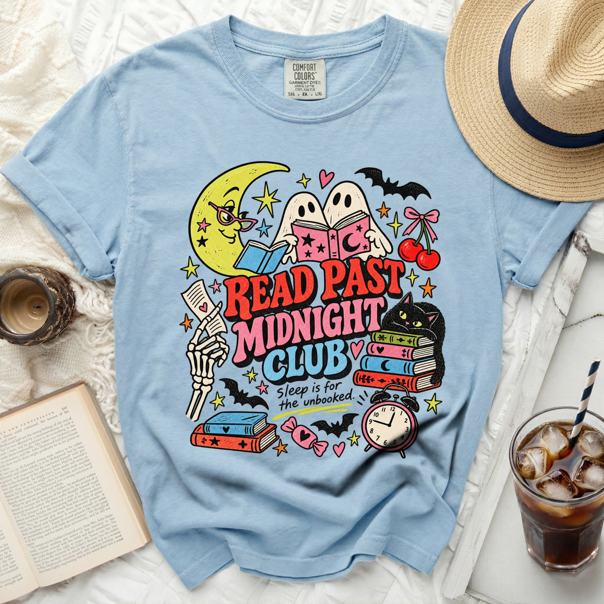Light blue t-shirt with "Read Past Midnight Club" graphic featuring ghosts and a moon.