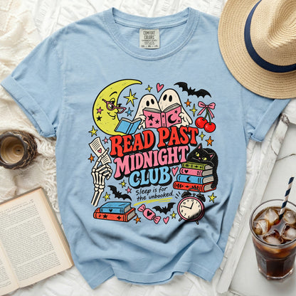 Light blue t-shirt with "Read Past Midnight Club" graphic featuring ghosts and a moon.