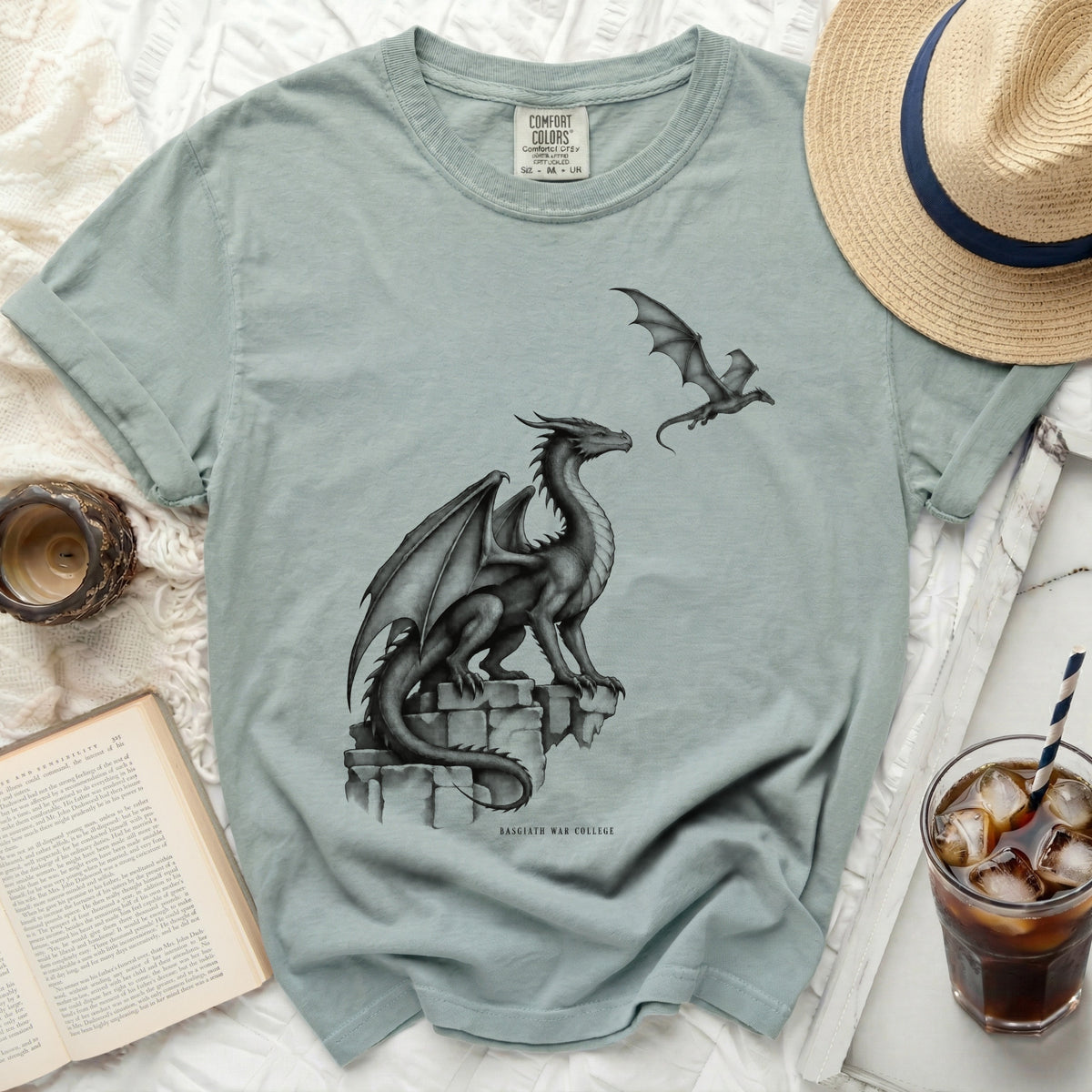 Light blue t-shirt with Basgiath War College and dragon graphic.