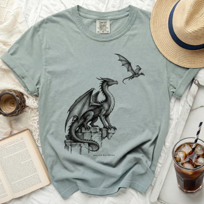 Light blue t-shirt with Basgiath War College and dragon graphic.