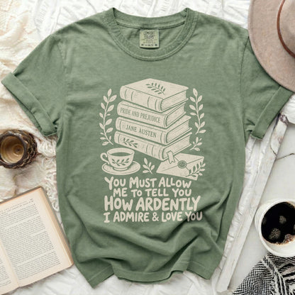 Green t-shirt with "Pride and Prejudice" books and Jane Austen quote.