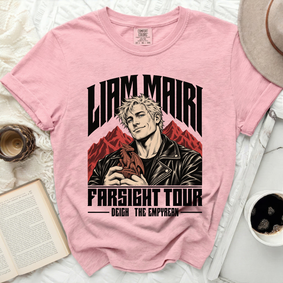 Pink shirt with Liam Mairi and Farsight Tour graphic featuring a dragon.