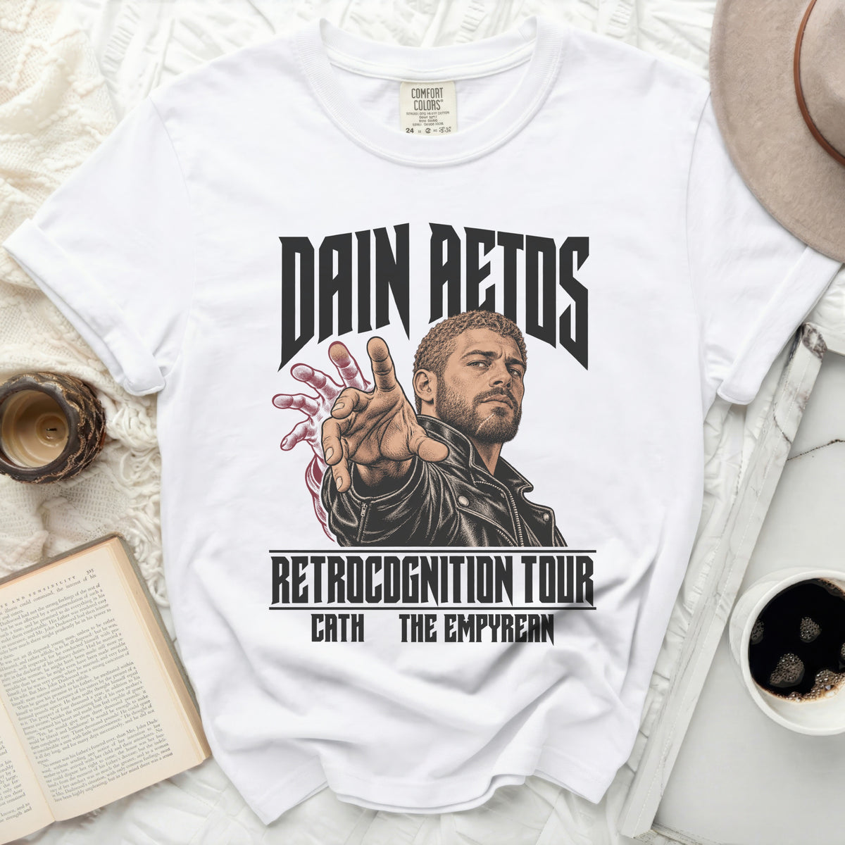 White t-shirt with Dain Retos and Retrocognition Tour graphic.