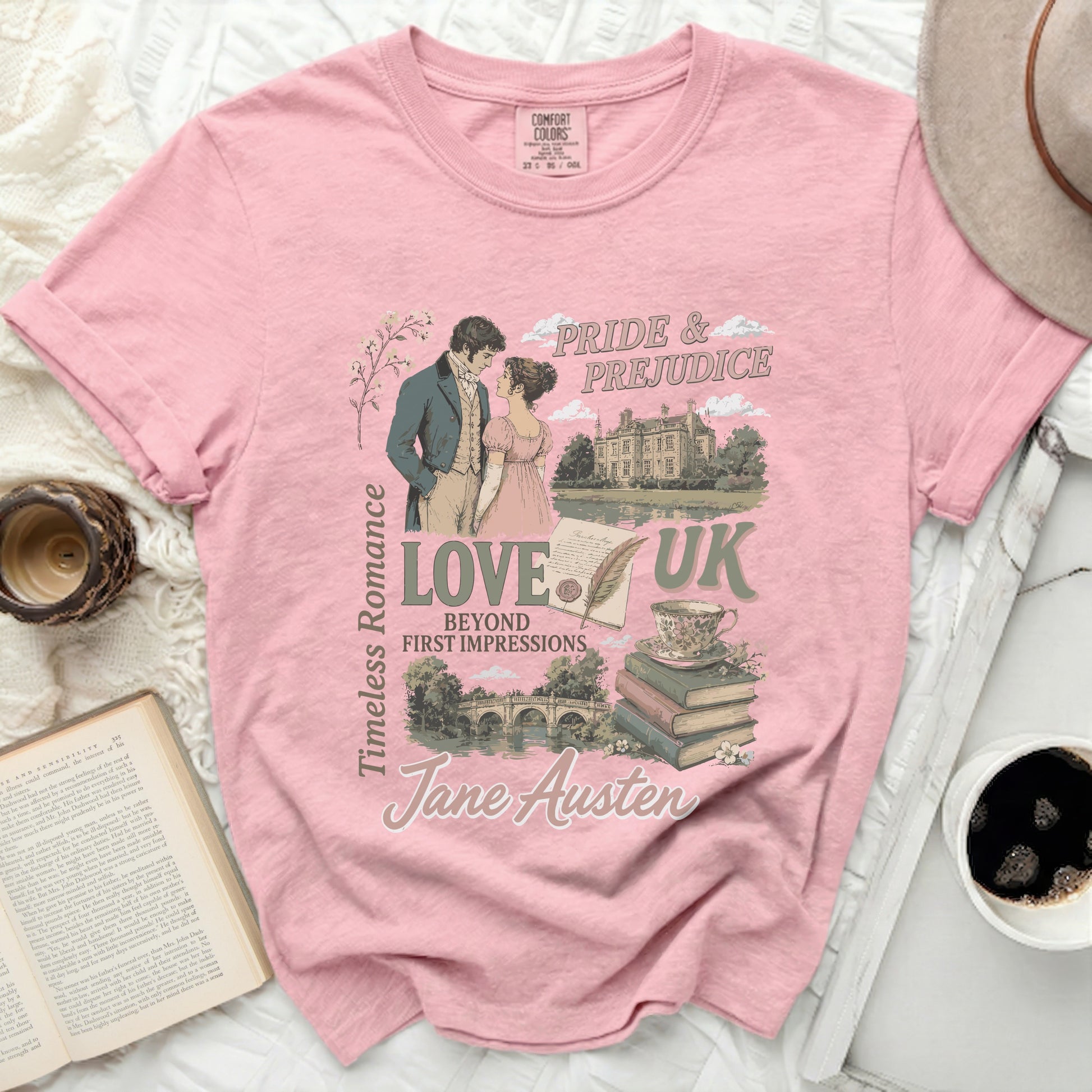 Pink t-shirt with Jane Austen "Pride & Prejudice" book cover graphic.
