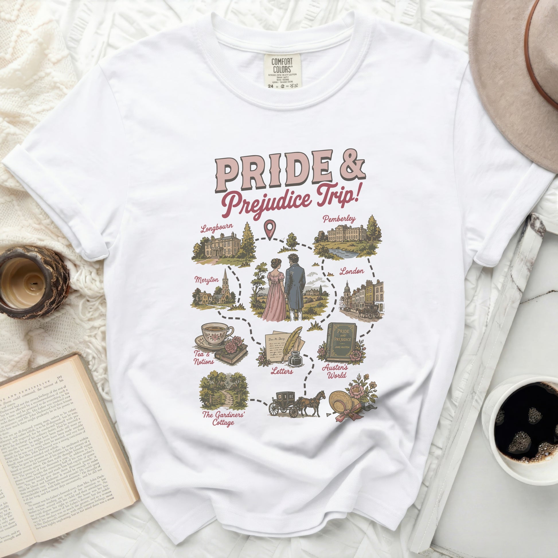 White t-shirt with "Pride & Prejudice Trip!" map illustration.