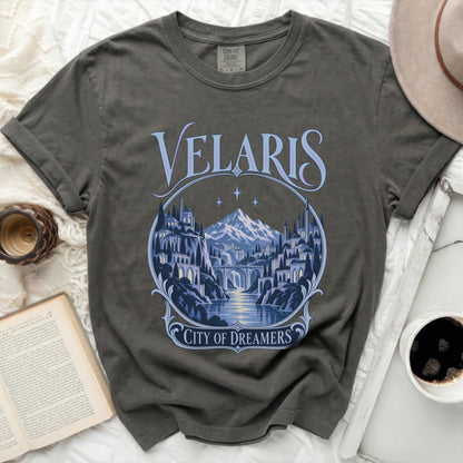 Velaris City of Dreamers graphic tee with mountain and cityscape design.