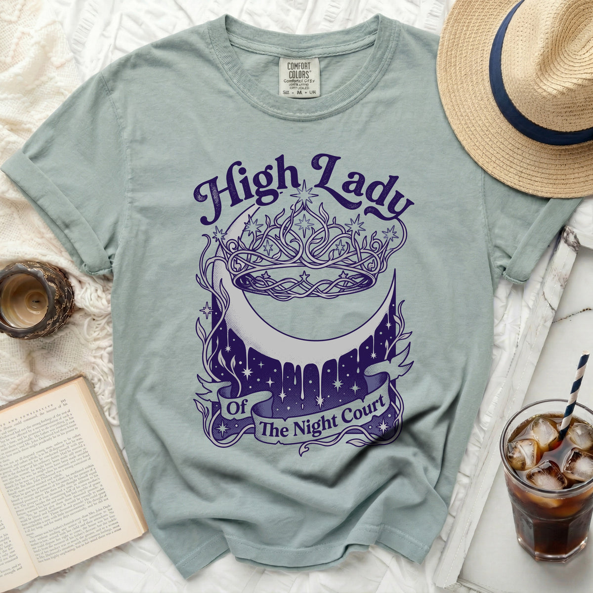 Light blue t-shirt with "High Lady Of The Night Court" text and crescent moon design.