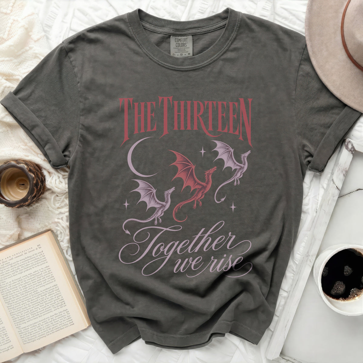 Grey t-shirt with dragons, moon, stars, and text "THE THIRTEEN Together we rise".