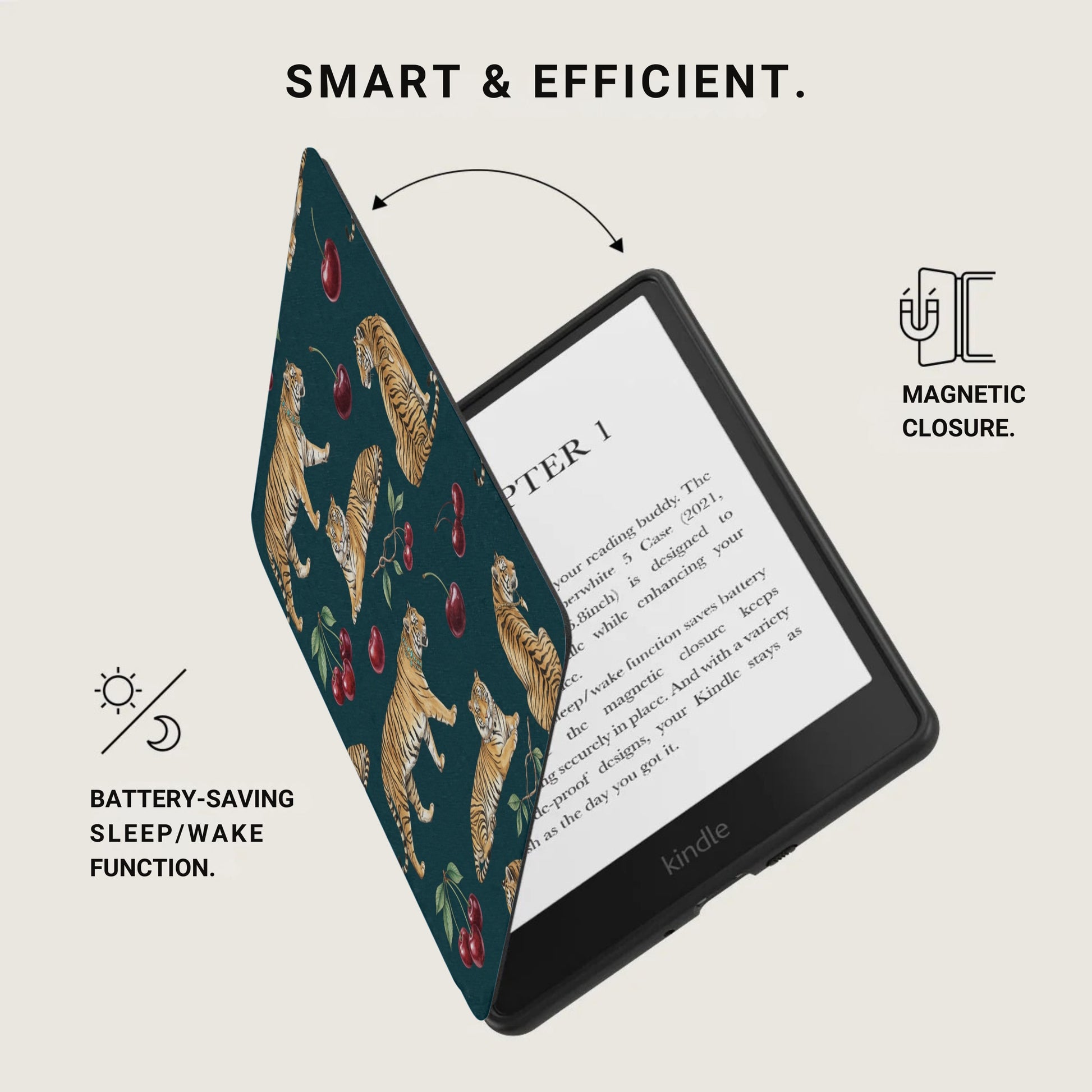 Kindle with tiger and cherry pattern cover open, showing magnetic closure and battery-saving function.
