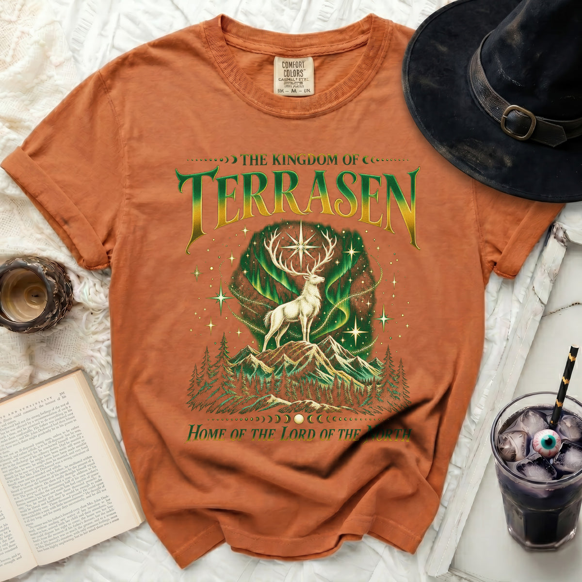 Terrasen t-shirt with a stag, mountains, and aurora borealis graphic.