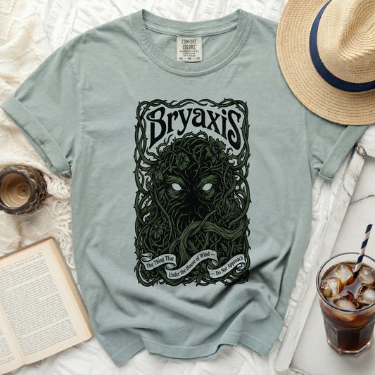 Bryaxis t-shirt with a dark green thorny vine design and text.