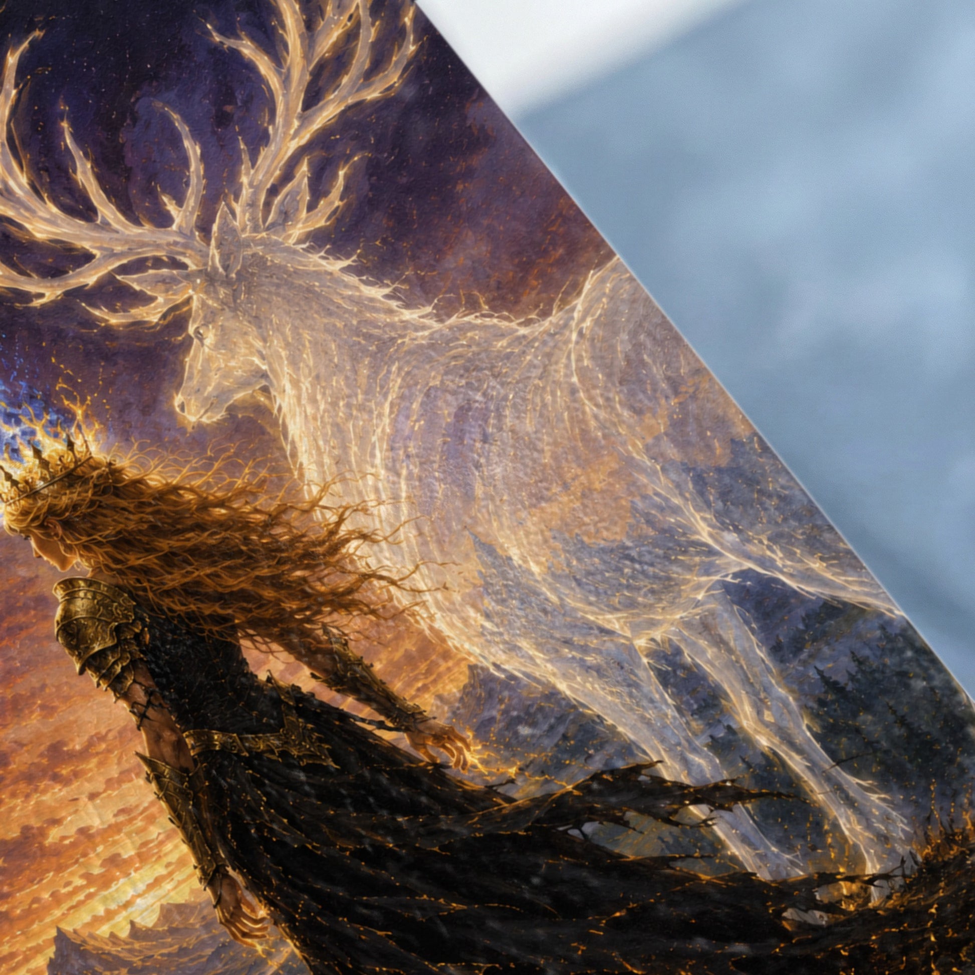 Fantasy art of a crowned woman in dark armor with fiery hair beside a glowing stag.