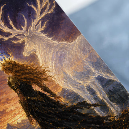 Fantasy art of a crowned woman in dark armor with fiery hair beside a glowing stag.
