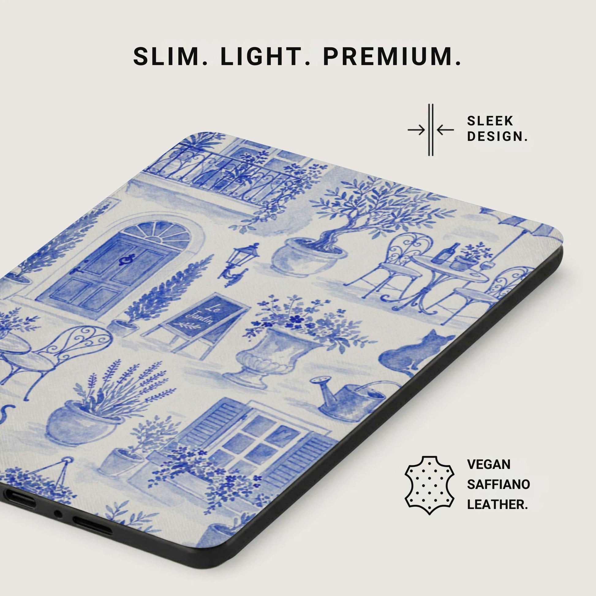 Blue floral pattern on slim vegan Saffiano leather case with sleek design.