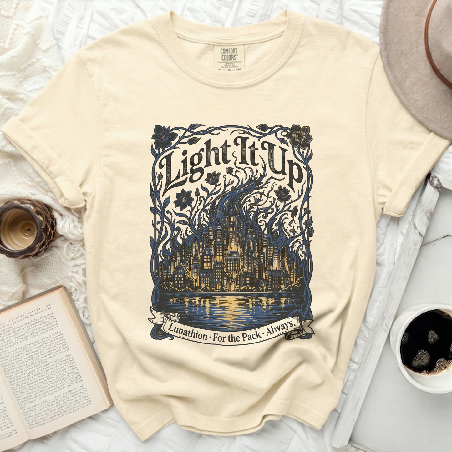 Cream t-shirt with "Light It Up" and "Lunathion. For the Pack. Always." text.