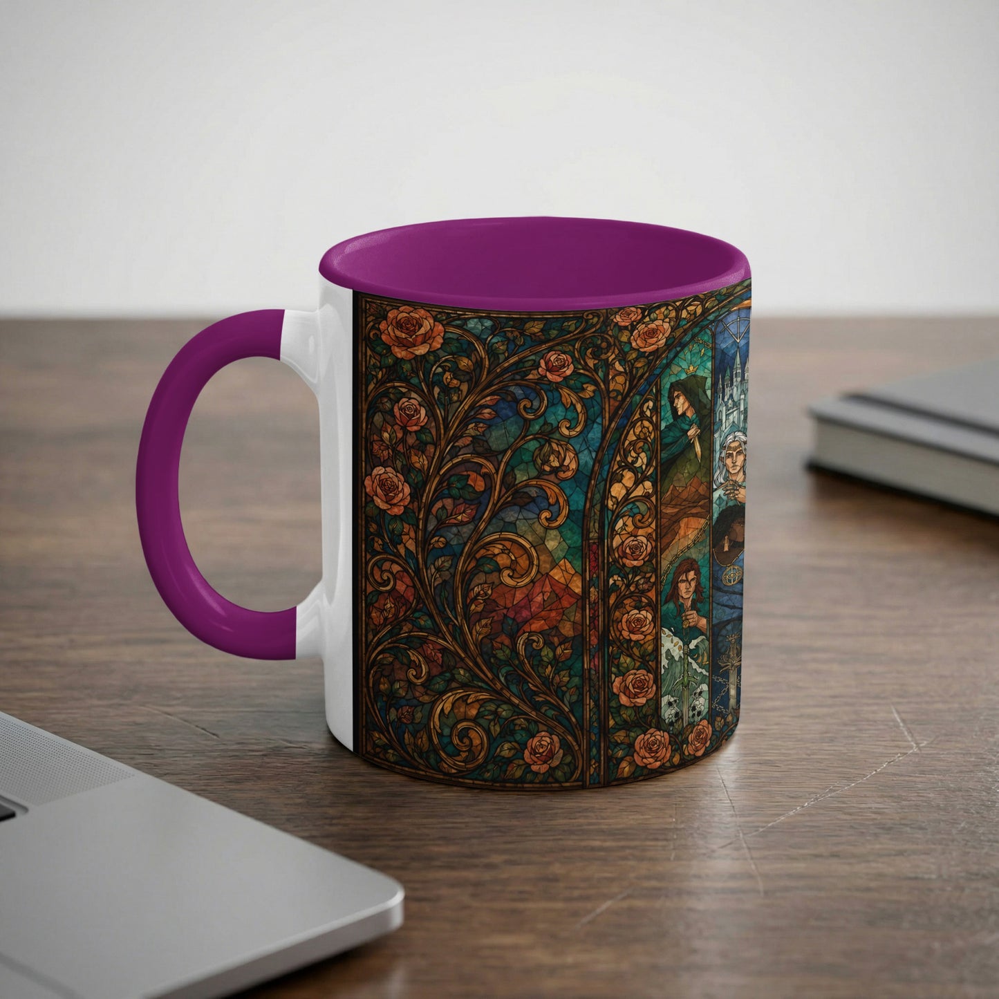 Mug with purple handle featuring stained glass roses and medieval figures.