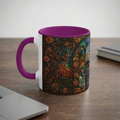 Mug with purple handle featuring stained glass roses and medieval figures.
