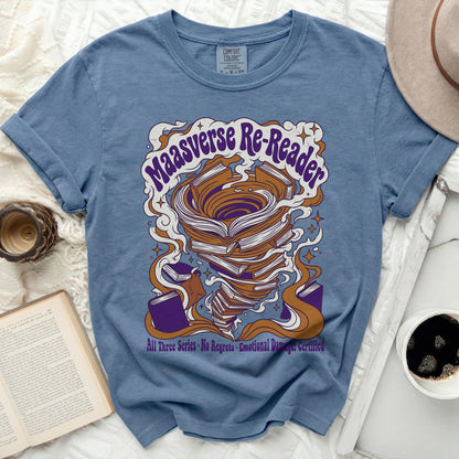 Blue t-shirt with "Maasverse Re-Reader" and "All Three Series No Regrets Emotional Damage: Certified" text.