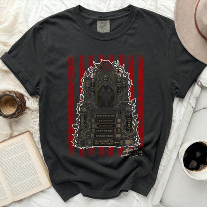 Black t-shirt with Gothic-style text and graphics: "Villains Write The Best Love Stories".