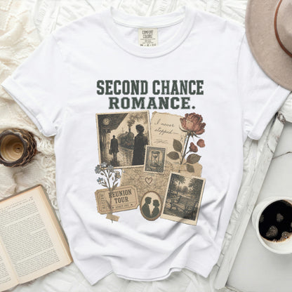 T-shirt with vintage collage of postcards, stamps, and text "SECOND CHANCE ROMANCE".