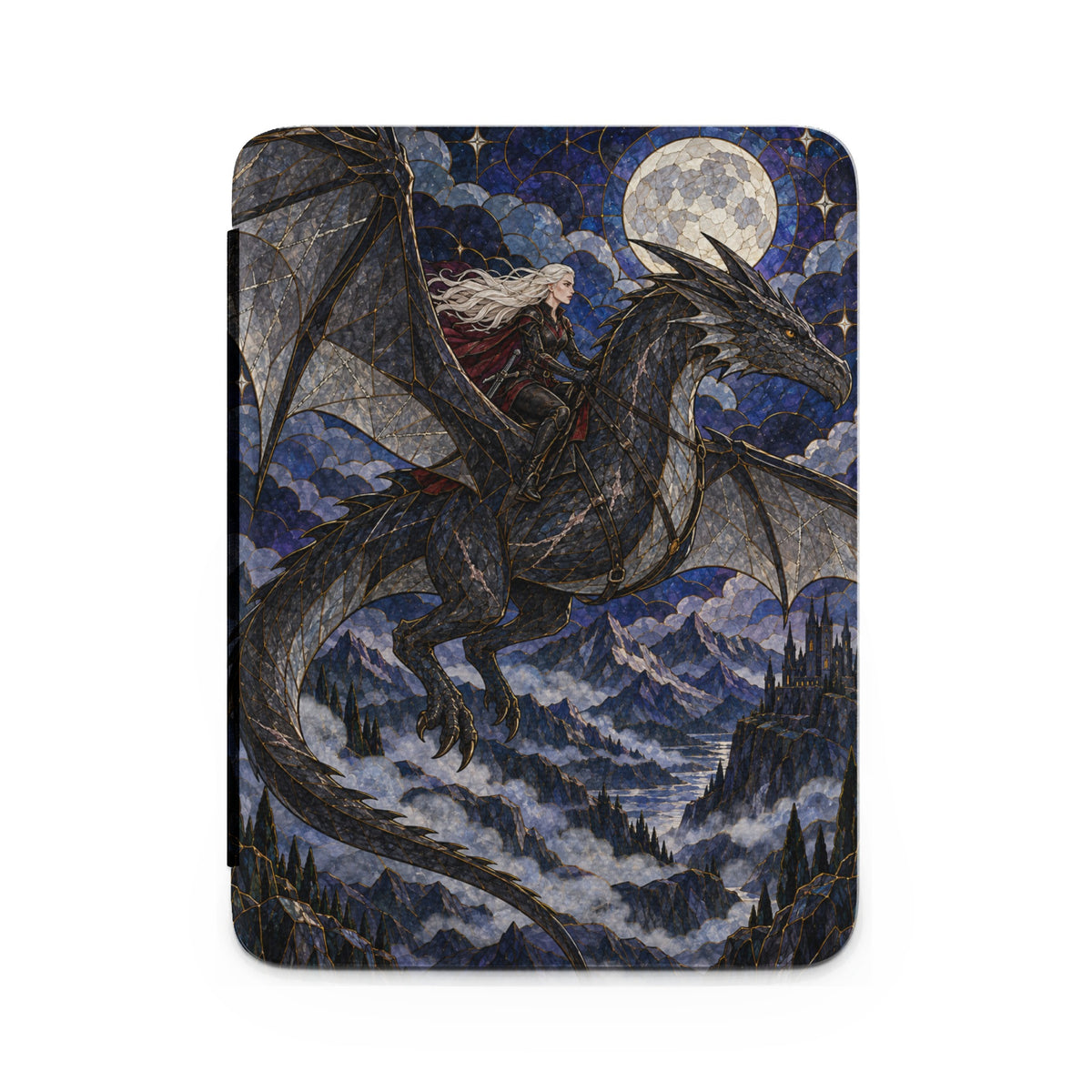 Woman with long blonde hair rides a black dragon over mountains under a full moon.
