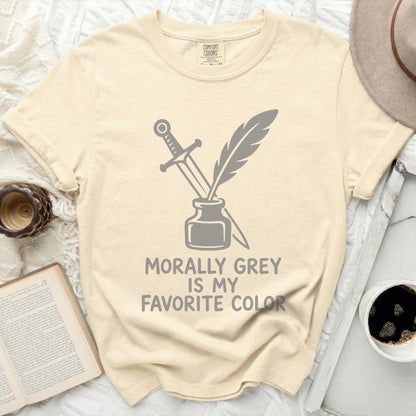 Cream t-shirt with sword, quill, and "Morally Grey is My Favorite Color" text.
