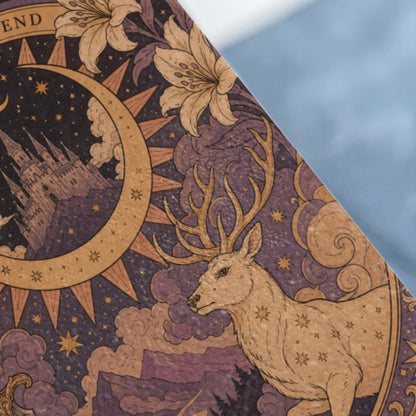 Stag with antlers superimposed on a starry night sky with a castle and lilies.