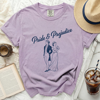 Lavender t-shirt with navy "Pride & Prejudice" text and line drawing of a couple.